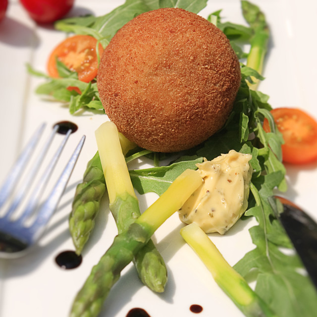 "Fisherman's Egg with Asparagus Salad" stock image
