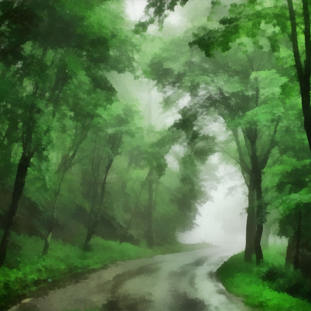 "Asphalt road going into the fog of the morning forest. Art painting. Abstract paint." stock image