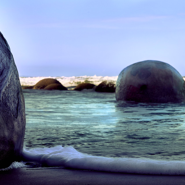 "Moeraki Boulders at Koekohe Beach on the Otago coast on the South Island of New Zealand." stock image
