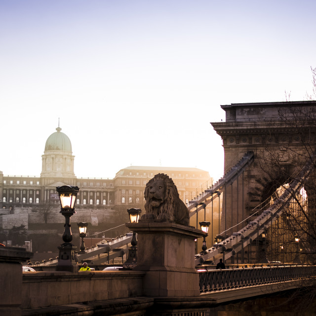 "Chain Bridge and Hungarian National Gallery in Budapest, Hungary at sunset" stock image