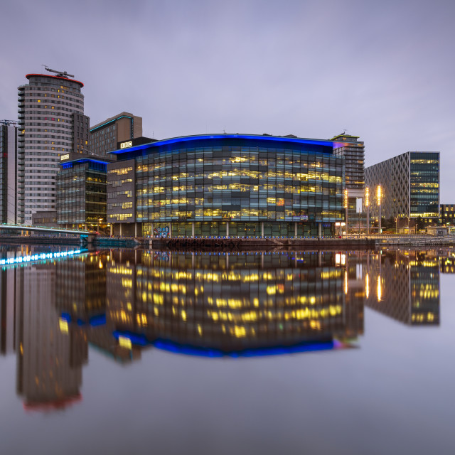 "MediaCity UK reflected, Salford Quays, Manchester UK" stock image