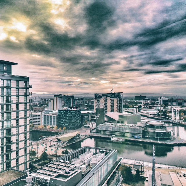 "Storm clouds gather over Salford" stock image