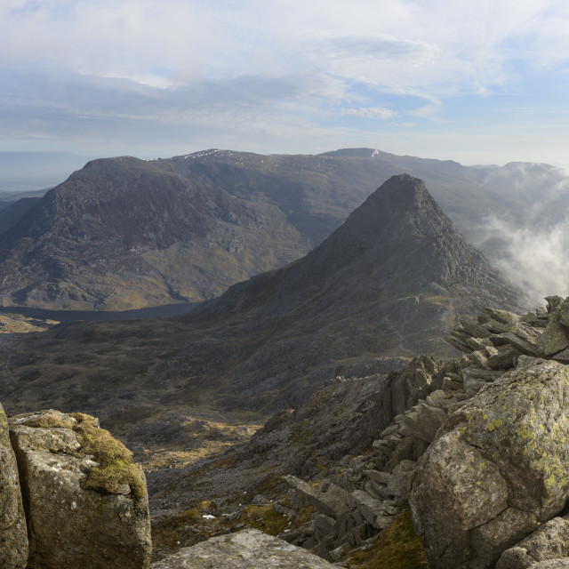 "Tryfan, viewed from the top of Bristly Ridge on Glyder Fach, Snowdonia." stock image