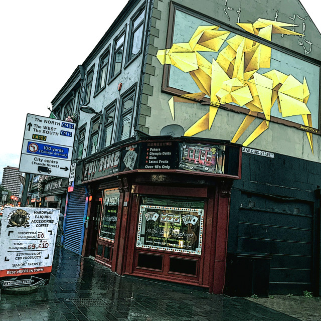 "Yellow origami donkey in Belfast" stock image