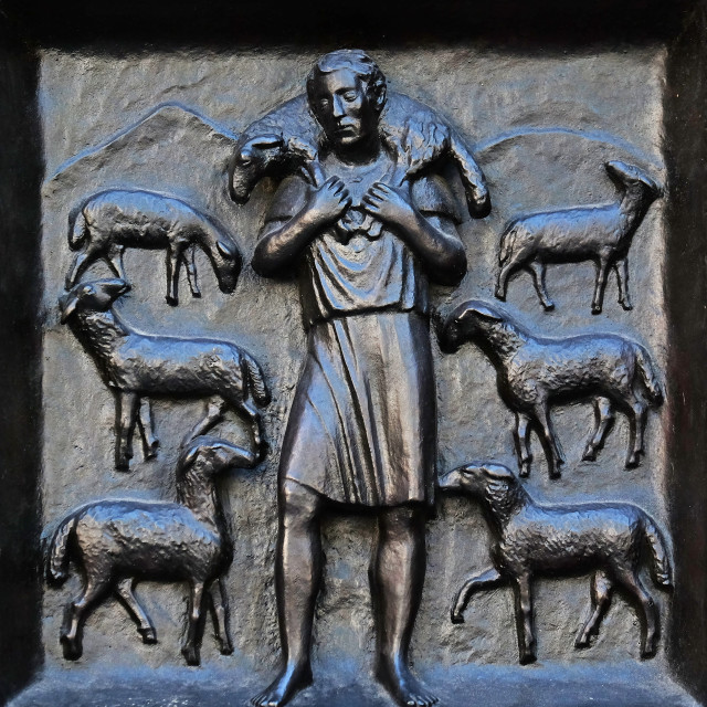 "Jesus Christ, the good shepherd, relief on the door of the Grossmunster ("great minster") church in Zurich, Switzerland" stock image