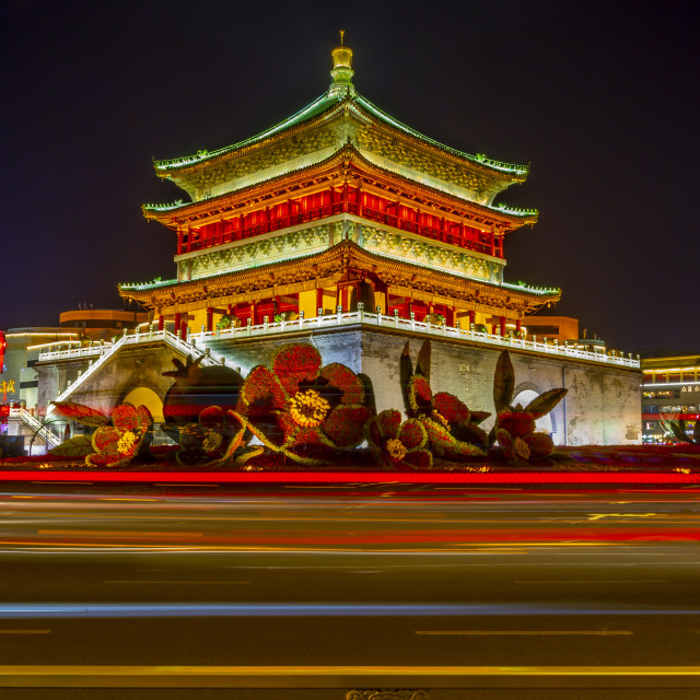 "View of famous Bell Tower in Xi'an city centre at night, Xi'an, Shaanxi..." stock image