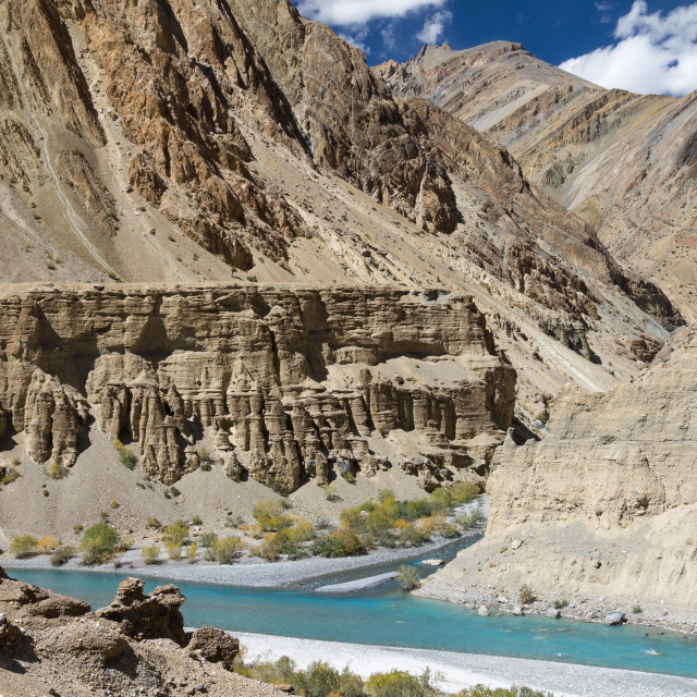 "Confluence of Tsarab and Zara rivers in the remote area of Ladakh" stock image