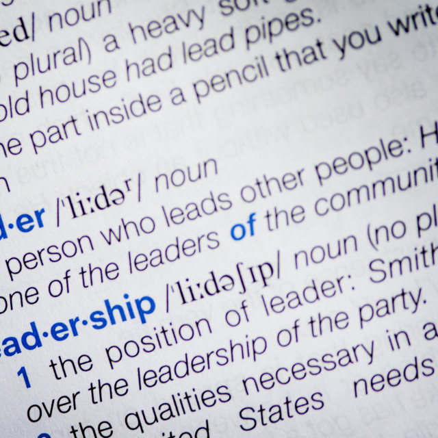 "Dictionary definition of the dictionary word leader and leadership" stock image