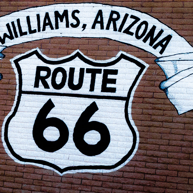 "Route 66 sign painted on brick wall" by JOHN MOUNT - $25.14 "Route 66 sign painted on brick wall" stock image