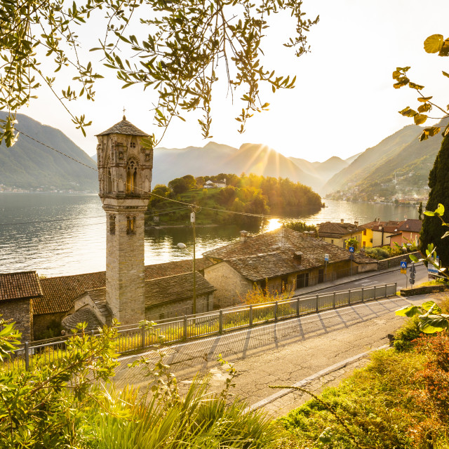 "Traditional tower bell of Ossuccio with view on the Comacina Island and Como..." stock image