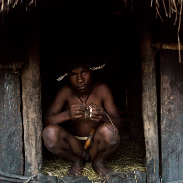 "Young Dani boy at the entrance of a honai" stock image