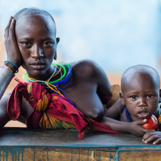 "Surma woman with his children" stock image