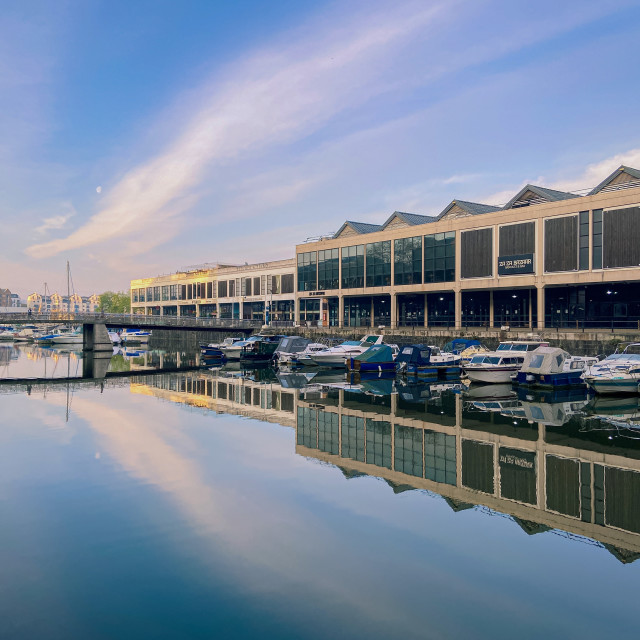 "Sunrise over Bristol harbourside" stock image