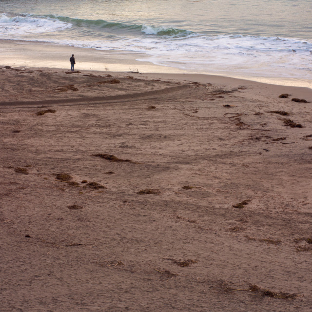 "Silouhette of aMan on Sandy Beach Watching the Sunset" stock image