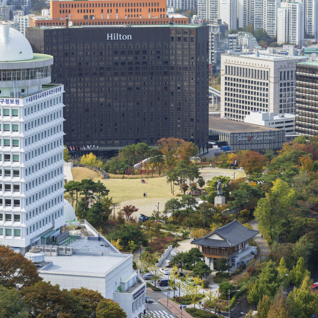 "Namsan Baekbeom Park and skyscrapers, Seoul, South Korea" stock image