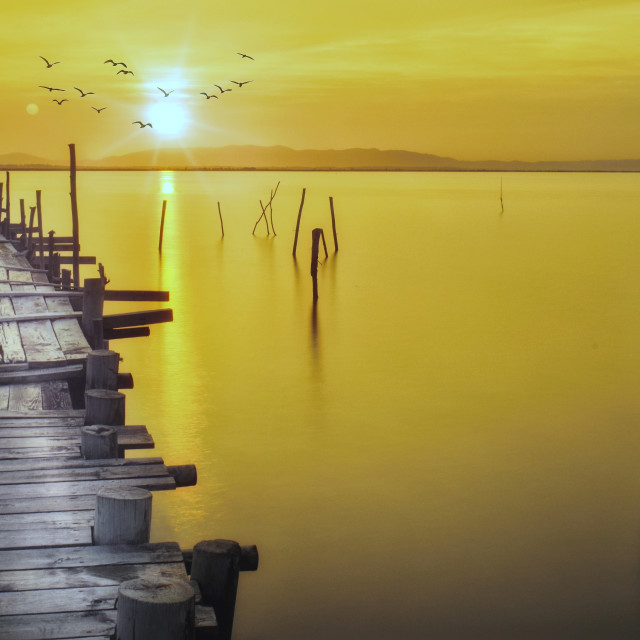 "Landscape, old wooden pier at sunset" stock image