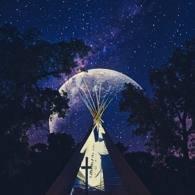 "Tipi at night with super moon" stock image