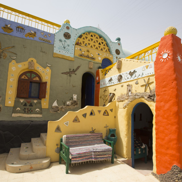 "Painted Buildings, Nagaa Suhayi Gharb, Nubian Village, Aswan, Egypt" stock image