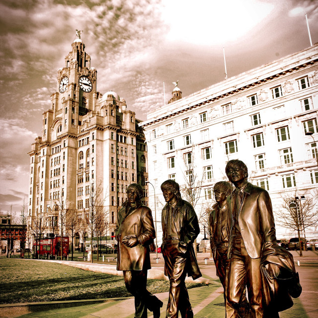 "Toned image of The Beatles Statues at Liverpool Waterfront" stock image