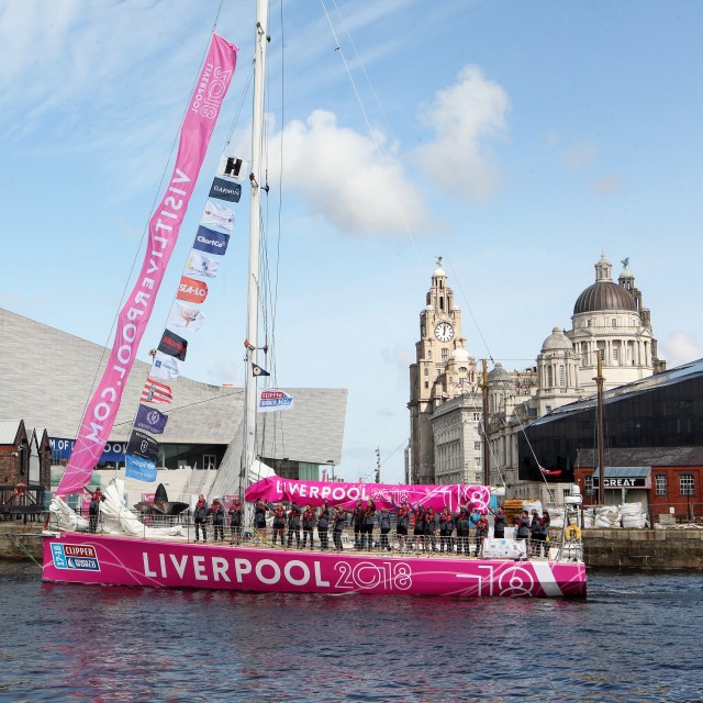 "The Liverpool entry of The 2017-18 Clipper Round The World Yacht Race leaving The Albert Dock" stock image