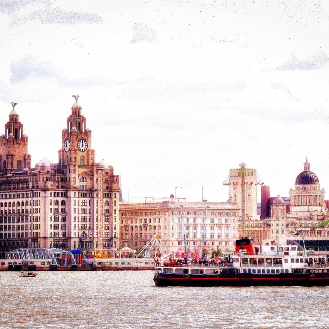 "View of Liverpool Waterfront with Mersey Ferry" stock image