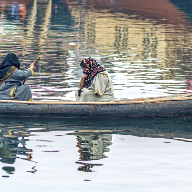 "Two Ladies in a Canoe at Dal Lake" stock image