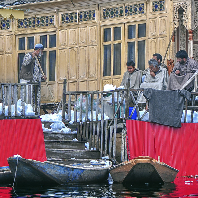 "Snow Removal at a House Boat at Dal Lake, Srinagar" stock image