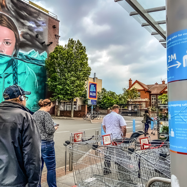 "Covid shopping queue" stock image