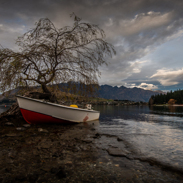 "Queenstown Waterfront Boat" by Capture and Keep Photography - £10.00 "Queenstown Waterfront Boat" stock image