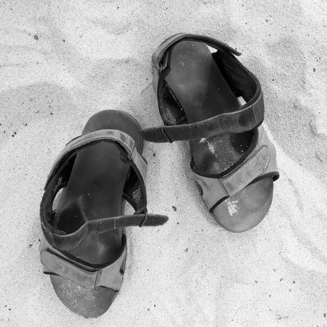 "Sandals in the Sand, Fuerteventura, Canary Islands" stock image