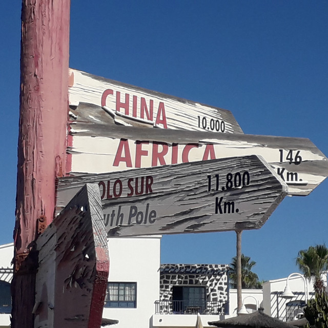 "Distance Sign, Playa Blanca, Yaiza, Lanzarote." stock image