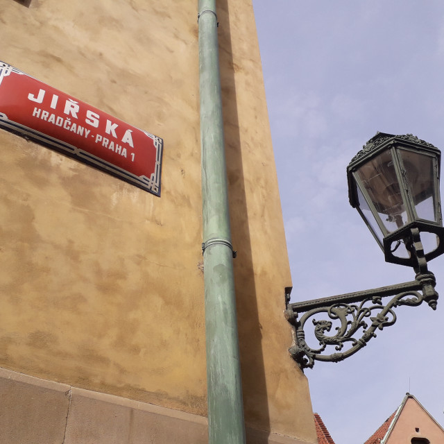 "Street sign and Lantern in Mala Strana, Prague, Czech Republic" stock image