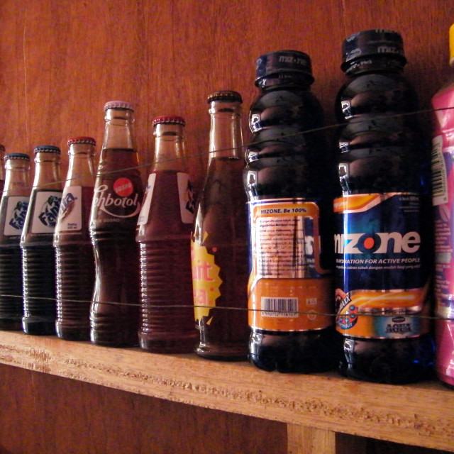 "Row of drinks in a local eatery, Yogyakarta, Indonesia" stock image