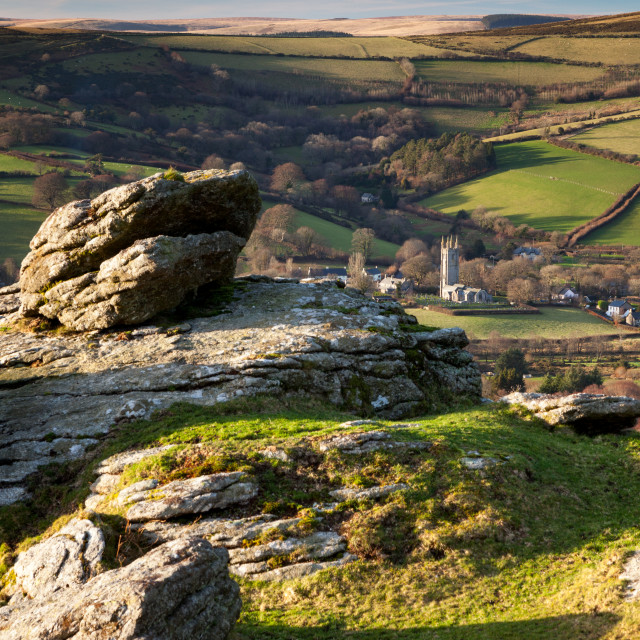 "Widecombe from Tunhill Rocks" by Bruce Little - £20.00 "Widecombe from Tunhill Rocks" stock image