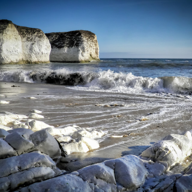 "Crashing waves at Flamborough Head." stock image