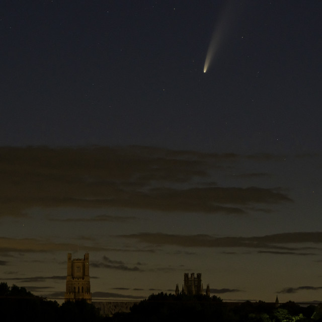 "Comet NEOWISE over Ely Cathedral, 11th July 2020" stock image