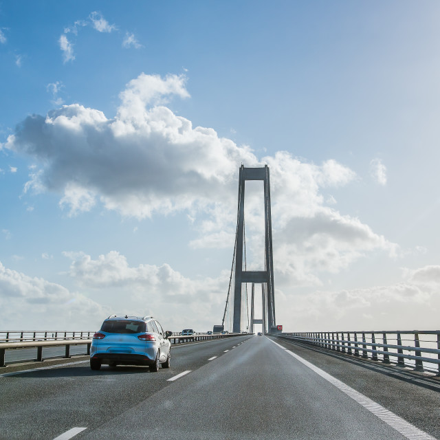 "Cars on the suspension bridge over the great belt in Denmark" stock image