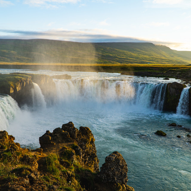 "Goðafoss Waterfall at Sunset in Iceland" by Justin Mueller - £10.00 "Goðafoss Waterfall at Sunset in Iceland" stock image
