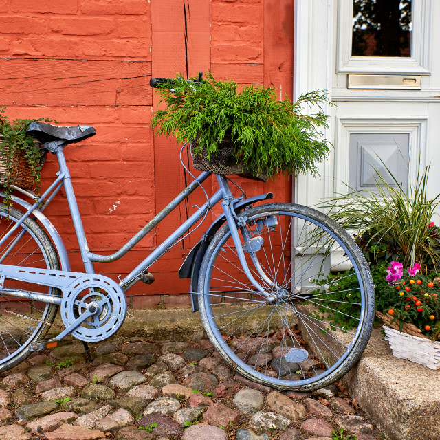 "bike with decorative flower pot in front of a house" stock image