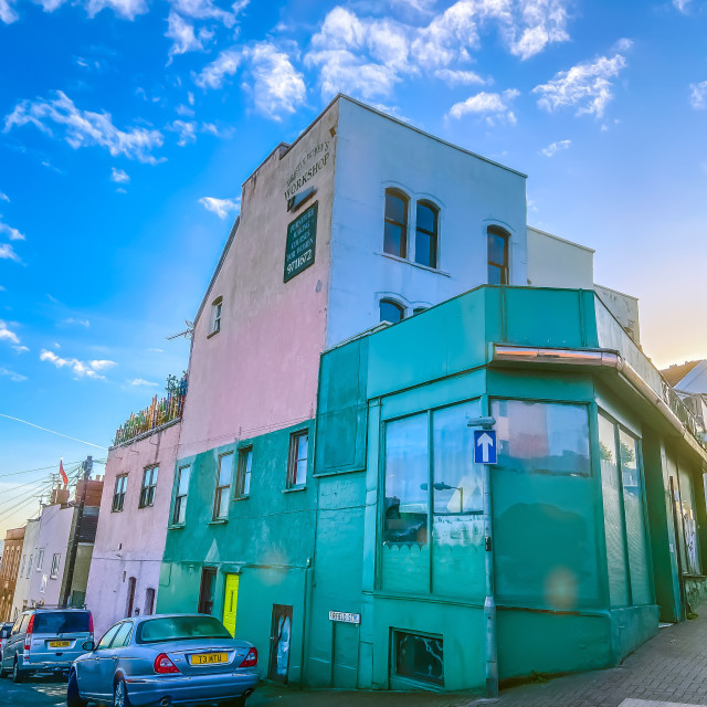 "Sunrise over the cornershop" stock image