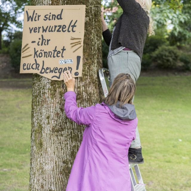 "XR Extinction Rebellion Bielefeld campaigning with handmade posters for the..." stock image