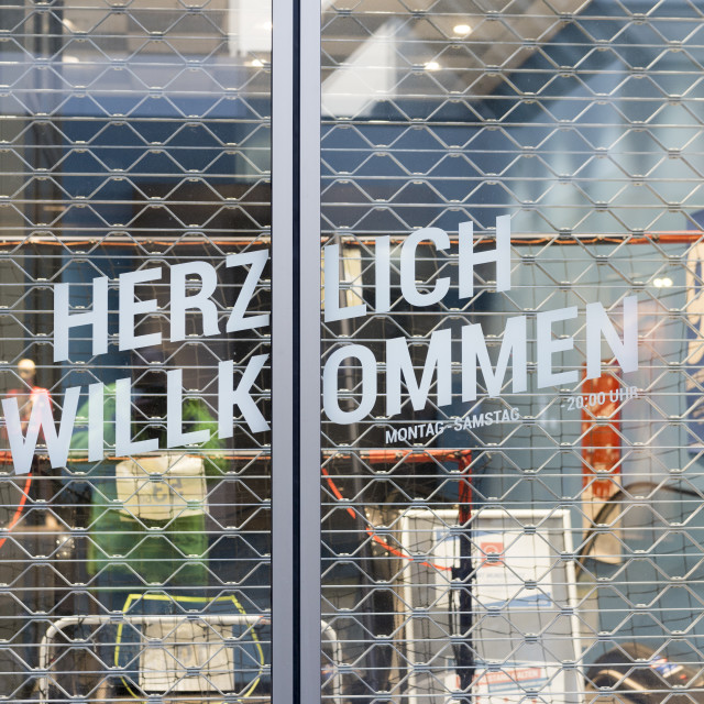 ""Welcome" written at closed Decathlon outlet shop" stock image