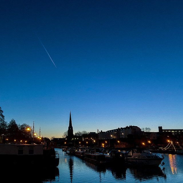 "Dawn breaks over Bristol Harbour" stock image