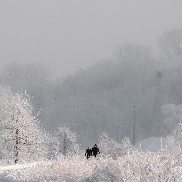 "Couple walking down a snow covered trail." by Justin Mueller - £10.00 "Couple walking down a snow covered trail." stock image