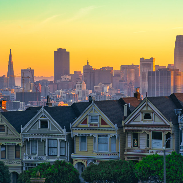 "Candy Colored Sunrise of the Painted Ladies and San Fransisco Skyline" stock image