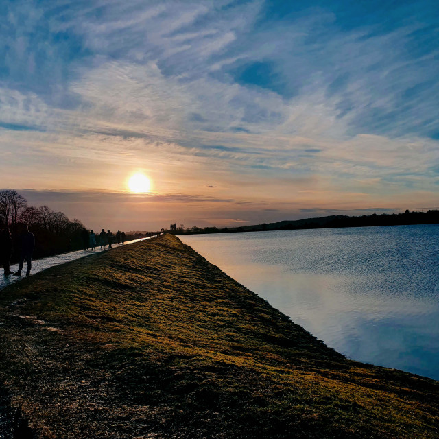 "Sunset over water Reservoir in Glasgow" stock image