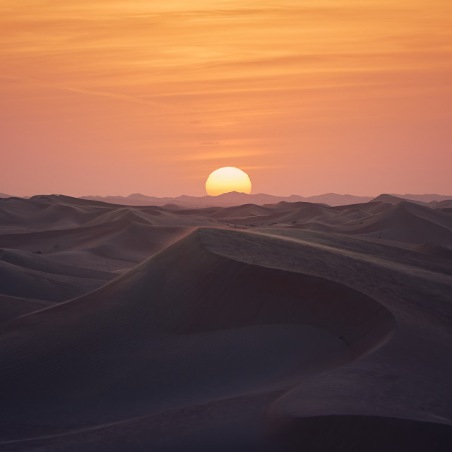 "Sand dunes in desert landscape at beautiful sunset" stock image