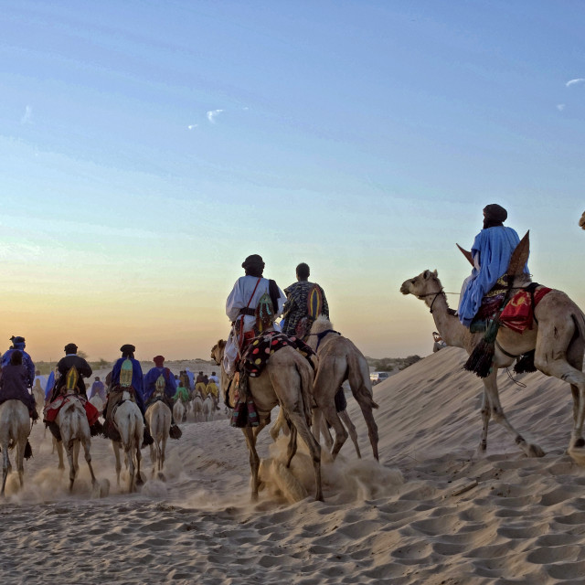 "Touaregs and camels at sunset; Sahara Desert" stock image