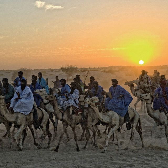 "Touaregs and camels at sunset; Sahara Desert" stock image