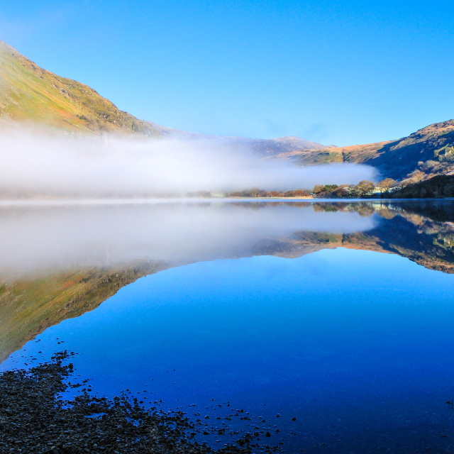 "LAKE REFLECTIONS. Snowdonia, Wales." stock image